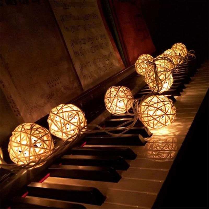 Decorative Hanging Battery Operated Rattan Cotton Ball String Light Christmas Led Cotton Ball Light