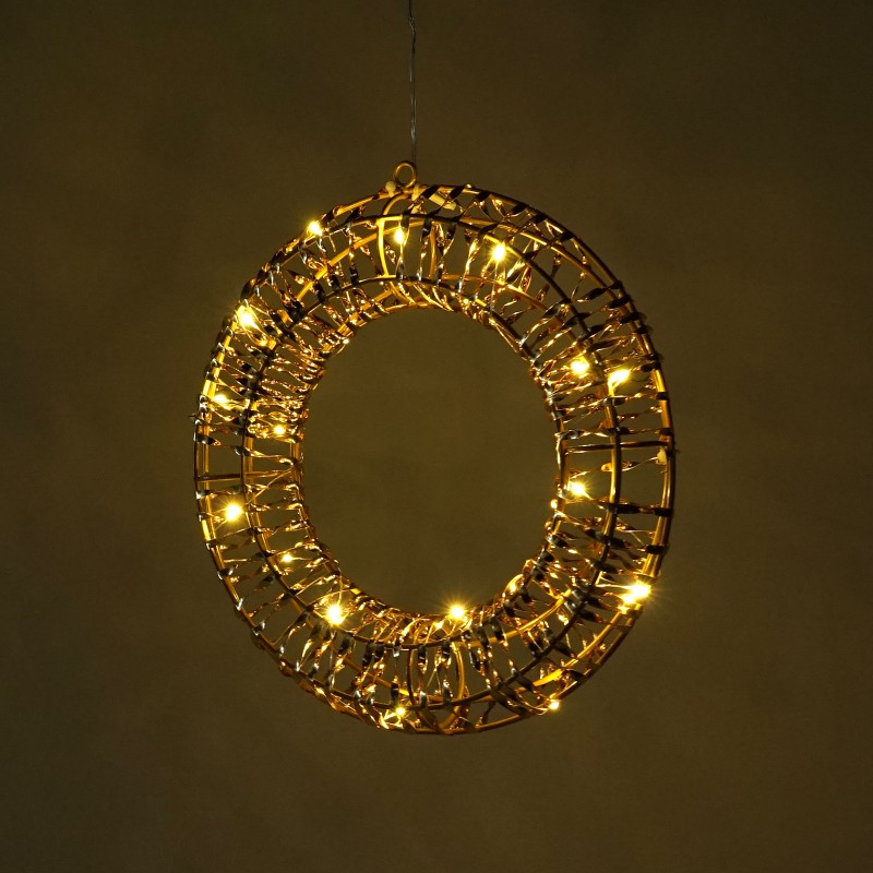 Copper Wire Wrapped LED Fairy Lights with Warm White Bulbs and Iridescent Tinsel on a Metal Frame