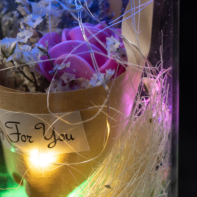 EVERMORE Pink Rose Dried flowers With Natural Color Thread and Letter 4L Multicolor LED Bare Wire Glass Cover Light